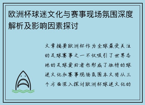 欧洲杯球迷文化与赛事现场氛围深度解析及影响因素探讨